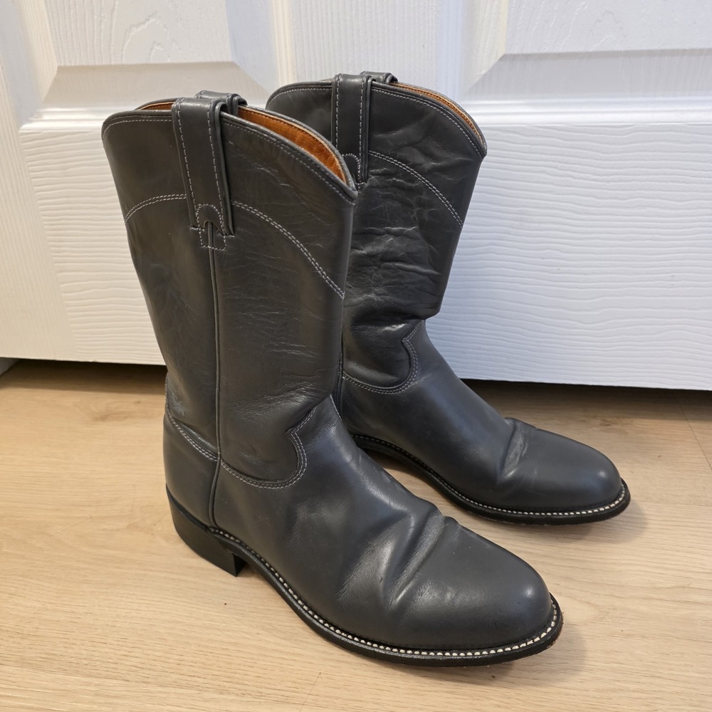 J. Chisholm Gray Leather‎ Cowboy Western Outdoor Rodeo Mid Calf Boots Size 8M